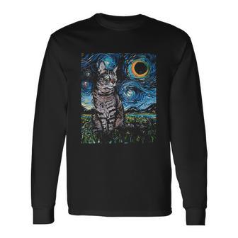 Gray Tabby Tiger Cat Starry Night Moon And Stars Art By Aja Unisex Long Sleeve | Favorety UK