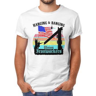 Union Ironworkers Hanging & Banging American Flag Men T-Shirt | Favorety CA