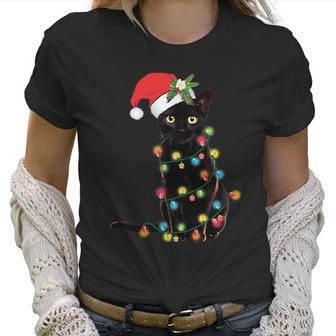 Black Santa Cat Tangled Up In Lights Christmas Santa Women T-Shirt | Favorety DE