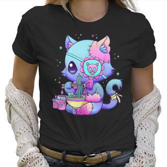 Kawaii Creepy Cat Eating Ramen Noodles Pastel Goth Aesthetic Men Women T-Shirt Graphic Print Casual Unisex Tee Women T-Shirt | Favorety