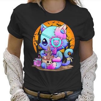 Kawaii Creepy Cat Eating Ramen Noodles Pastel Goth Halloween Men Women T-Shirt Graphic Print Casual Unisex Tee Women T-Shirt | Favorety