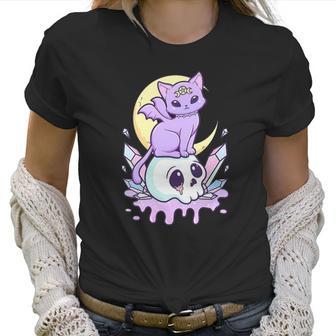 Womens Kawaii Pastel Goth Cute Creepy Witchy Cat And Skull V-Neck Women T-Shirt | Favorety AU