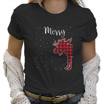 Merry Christmas Red Plaid Buffalo Moose Couples Matching Women T-Shirt | Favorety CA