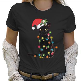 Santa Black Cat Tangled Up In Christmas Tree Lights Holiday Long Sleeve Tshirt Women T-Shirt | Favorety