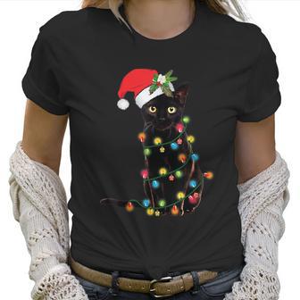 Santa Black Cat Tangled Up In Christmas Tree Lights Holiday Tshirt Women T-Shirt | Favorety