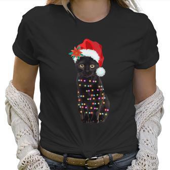 Santa Black Cat Tangled Up In Lights Christmas Santa Women T-Shirt | Favorety UK