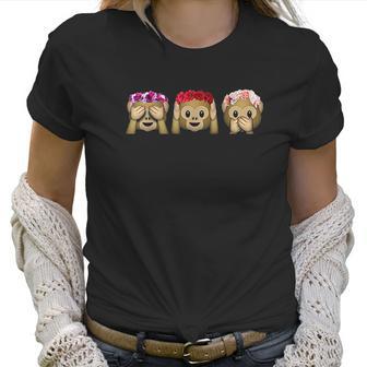 Three Emoji Monkey Flower Hear Speak See No Evil Cute Monkey Women T-Shirt | Favorety