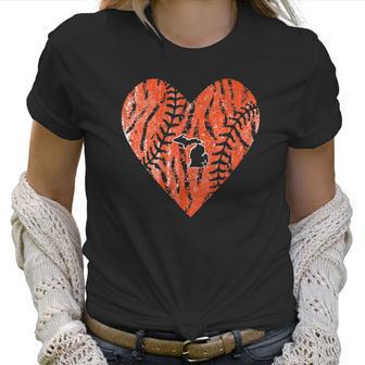 Womens Vintage Detroit Baseball Heart With Tiger Stripes Women T-Shirt | Favorety CA