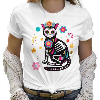 Womens Black Cat Sugar Skull Day Of Dead Mexican Dia De Los Muertos Women T-Shirt | Favorety CA