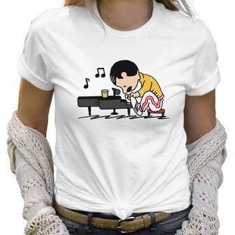 Freddie Mercury Peanuts Playing Piano And Dinking Wine Shirt Women T-Shirt | Favorety UK