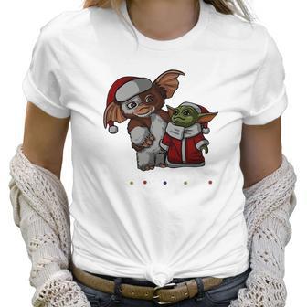 Friends Christmas Baby Yoda And Baby Gizmo Santa Women T-Shirt | Favorety CA