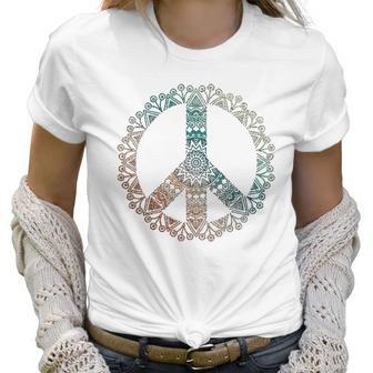 Neutral Boho Yoga Ornate Mandala Peace Sign Hippie Women T-Shirt | Favorety UK