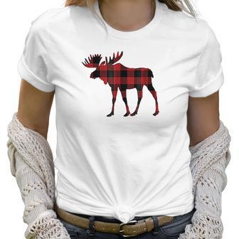 Red Black Buffalo Plaid Flannel Christmas Moose Women T-Shirt | Favorety