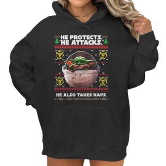 Baby Yoda He Protects He Attacks He Also Takes Naps Christmas Sweater Women Hoodie | Favorety