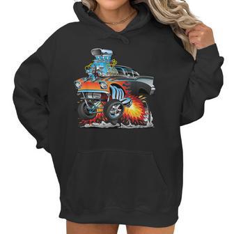 Funny Classic Hot Rod Fifties Drag Racing Muscle Car Cartoon Women Hoodie | Favorety CA