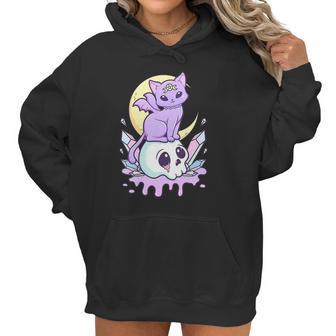 Womens Kawaii Pastel Goth Cute Creepy Witchy Cat And Skull V-Neck Women Hoodie | Favorety