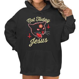 Womens Not Today Jesus Hail Satan Satanic Cat Death Metal Halloween V-Neck Women Hoodie | Favorety DE