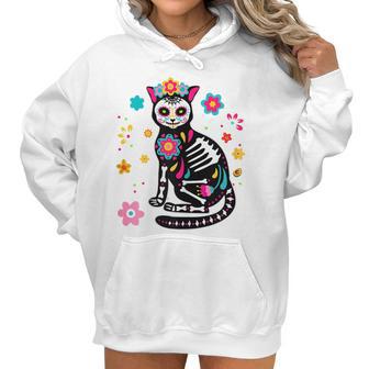 Womens Black Cat Sugar Skull Day Of Dead Mexican Dia De Los Muertos Women Hoodie | Favorety