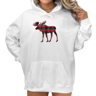 Red Black Buffalo Plaid Flannel Christmas Moose Women Hoodie | Favorety AU