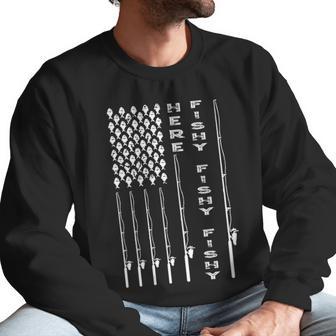 Here Fishy American Flag Men Sweatshirt | Favorety