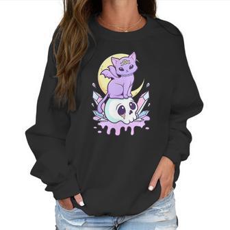 Womens Kawaii Pastel Goth Cute Creepy Witchy Cat And Skull V-Neck Women Sweatshirt | Favorety UK