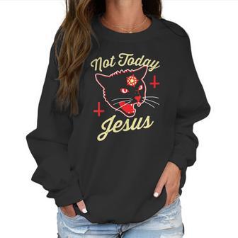 Womens Not Today Jesus Hail Satan Satanic Cat Death Metal Halloween V-Neck Women Sweatshirt | Favorety