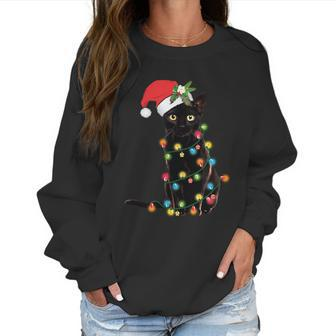 Santa Black Cat Tangled Up In Christmas Tree Lights Holiday Long Sleeve Tshirt Women Sweatshirt | Favorety
