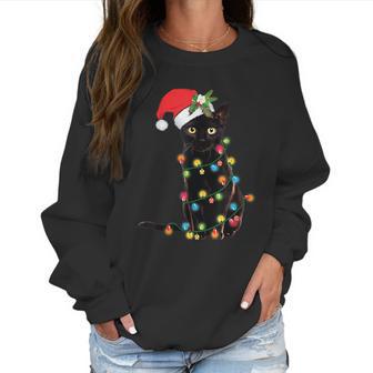 Santa Black Cat Tangled Up In Christmas Tree Lights Holiday Tshirt Women Sweatshirt | Favorety CA