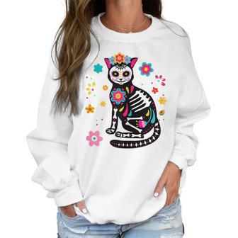 Womens Black Cat Sugar Skull Day Of Dead Mexican Dia De Los Muertos Women Sweatshirt | Favorety CA