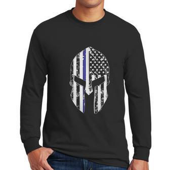 Blue Line American Flag Spartan Head Men Long Sleeve Tshirt | Favorety CA