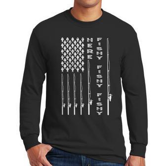 Here Fishy American Flag Men Long Sleeve Tshirt | Favorety