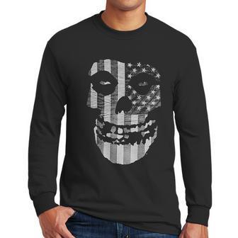 Popfunk Misfits Officially Licensed Gray American Flag Skull Men Long Sleeve Tshirt | Favorety