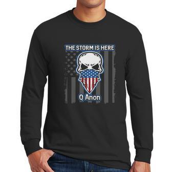 Q Anon Usa Flag Skull The Storm Is Here Men Long Sleeve Tshirt | Favorety