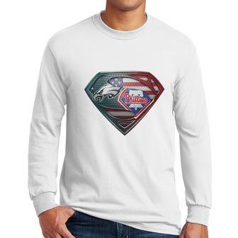 Official Philadelphia Eagles And Philadelphia Phillies Superman American Flag Layer Simpson Shirt Men Long Sleeve Tshirt | Favorety