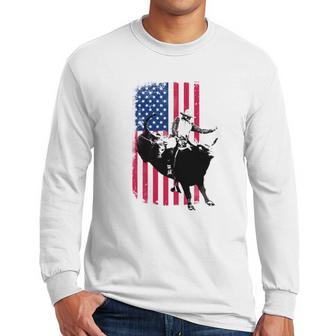 Rodeo Bull Rider Patriotic American Flag Men Long Sleeve Tshirt | Favorety