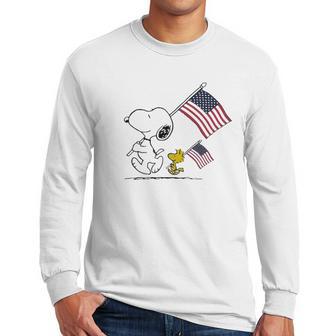 Snoopy And Woodstock Holding American Flag 4Th Of July Men Long Sleeve Tshirt | Favorety AU