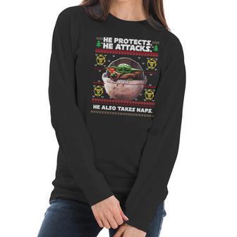 Baby Yoda He Protects He Attacks He Also Takes Naps Christmas Sweater Women Long Sleeve Tshirt | Favorety AU