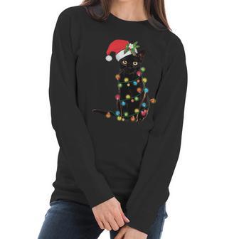 Black Santa Cat Tangled Up In Lights Christmas Santa Women Long Sleeve Tshirt | Favorety UK