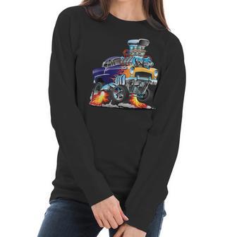 Classic Funny Fifties Muscle Car Hot Rod Dragster Cartoon Women Long Sleeve Tshirt | Favorety