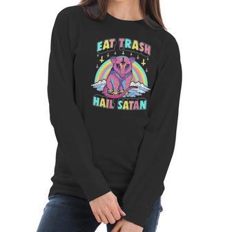 Womens Eat Trash Hail Satan Kawaii Pastel Goth Possum V-Neck Women Long Sleeve Tshirt | Favorety UK