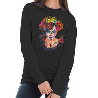 Flowers Sugar Skull Day Of The Dead Dia De Muertos Womens Women Long Sleeve Tshirt | Favorety UK