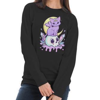 Funny Kawaii Pastel Goth Cute Creepy Witchy Cat And Skull Men Women T-Shirt Graphic Print Casual Unisex Tee Women Long Sleeve Tshirt | Favorety AU