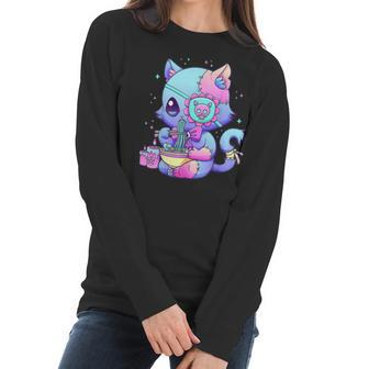 Kawaii Creepy Cat Eating Ramen Noodles Pastel Goth Aesthetic Men Women T-Shirt Graphic Print Casual Unisex Tee Women Long Sleeve Tshirt | Favorety UK