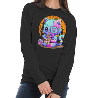 Kawaii Creepy Cat Eating Ramen Noodles Pastel Goth Halloween Men Women T-Shirt Graphic Print Casual Unisex Tee Women Long Sleeve Tshirt | Favorety