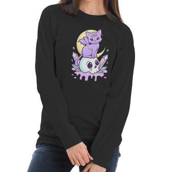 Womens Kawaii Pastel Goth Cute Creepy Witchy Cat And Skull V-Neck Women Long Sleeve Tshirt | Favorety AU