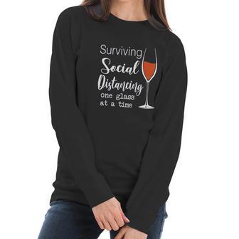 Lucoin Wine Surviving Social Distancing One Glass At A Time Women Long Sleeve Tshirt | Favorety DE