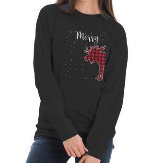 Merry Christmas Red Plaid Buffalo Moose Couples Matching Women Long Sleeve Tshirt | Favorety DE