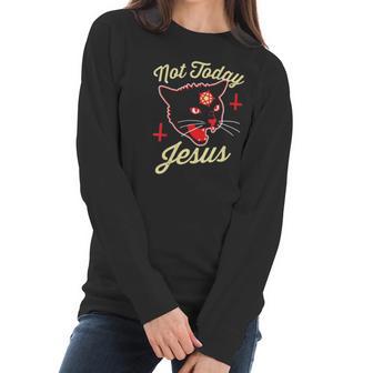 Womens Not Today Jesus Hail Satan Satanic Cat Death Metal Halloween V-Neck Women Long Sleeve Tshirt | Favorety DE