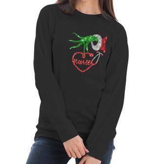 Nurse Grinch Hand Holding Stethoscope Christmas Women Long Sleeve Tshirt | Favorety CA