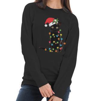 Santa Black Cat Tangled Up In Christmas Tree Lights Holiday Long Sleeve Tshirt Women Long Sleeve Tshirt | Favorety AU